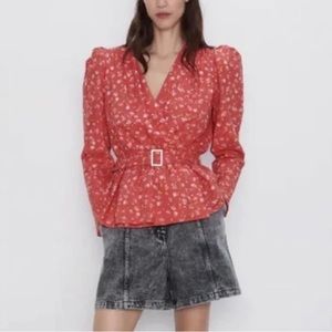 Zara floral tie around blouse